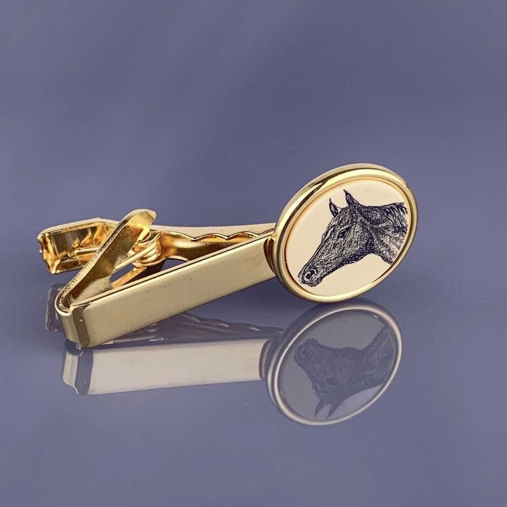Etched Horse Head Tie Clip Bar Gold Plated Barlow Equestrian Race Left Vintage